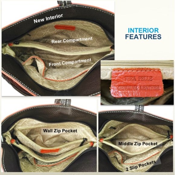 VERA PELLE Orange Leather Shoulder Satchel Bag Brown Trim Flaps w/ Tassels Zips - Picture 8 of 10